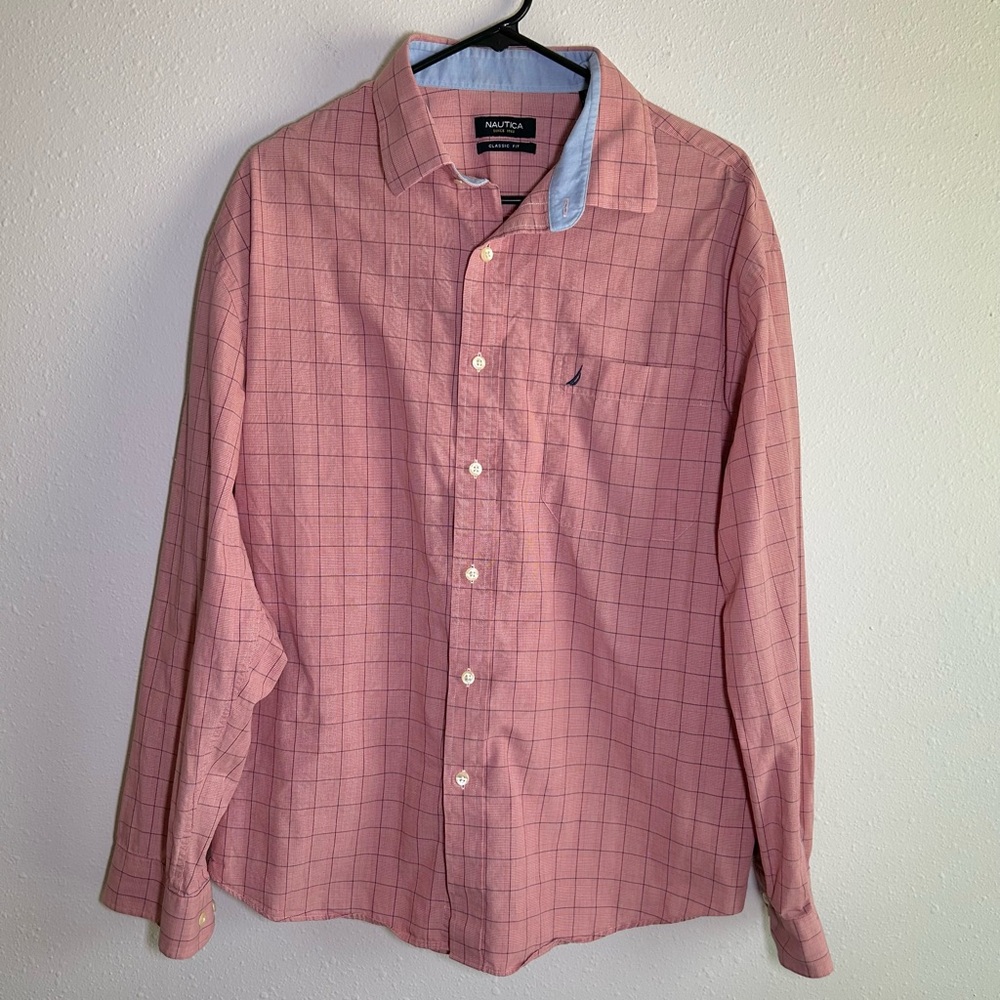 Nautica Classic Fit Long Sleeve Button Down Shirt 17.5 34/35 Window Pane Preppy
